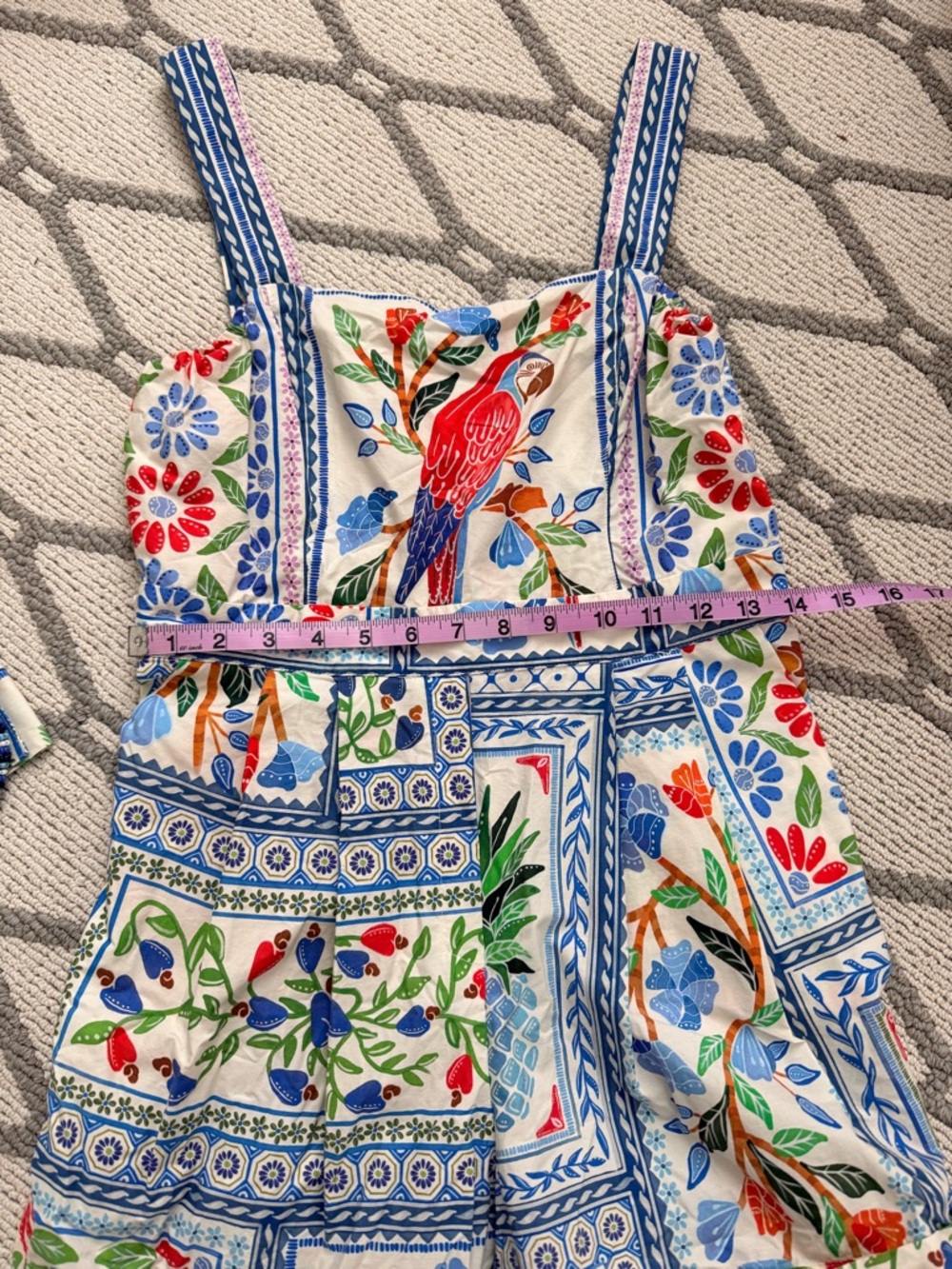 FARM Rio Anthropologie Tropical Parrot Romper with Belt Green & Blue Leaf Print - Picture 7 of 8